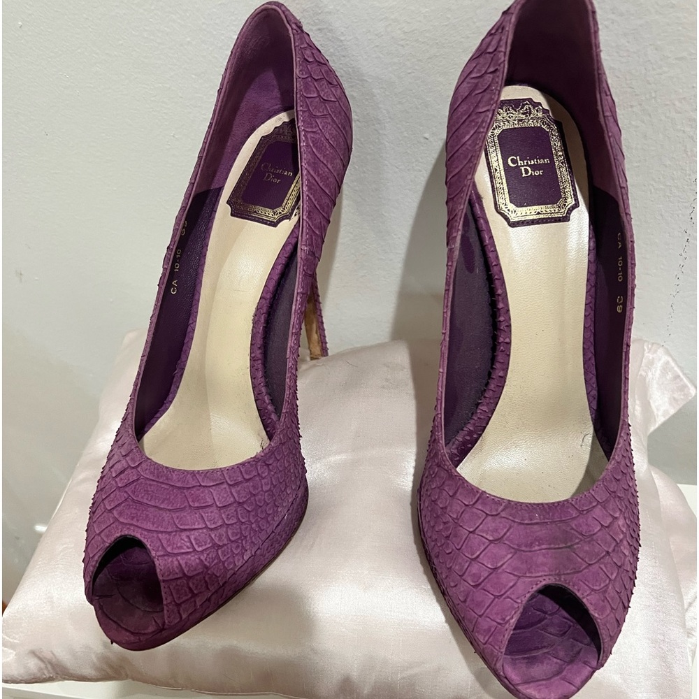Christian Dior purple croc pattern suede platform heels.